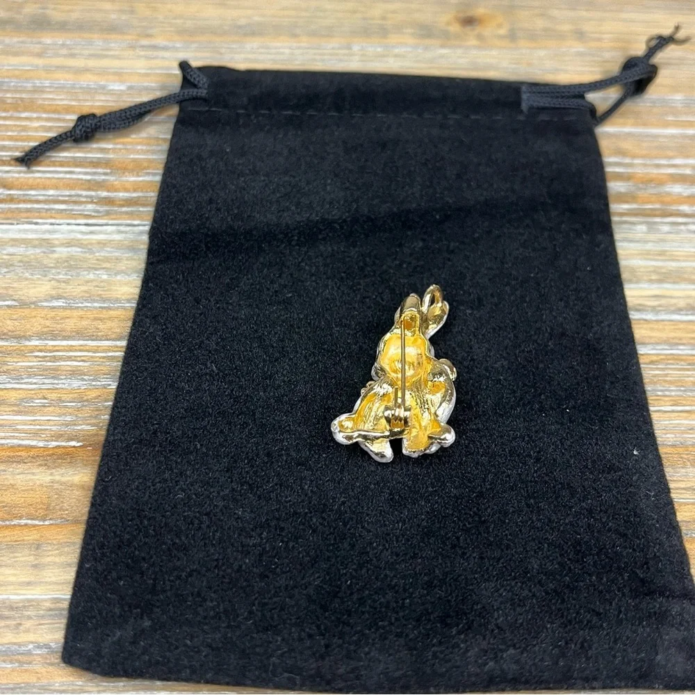 Charming Silvery White Enamel Rabbit Brooch Pin with Crystal & Flower Accent